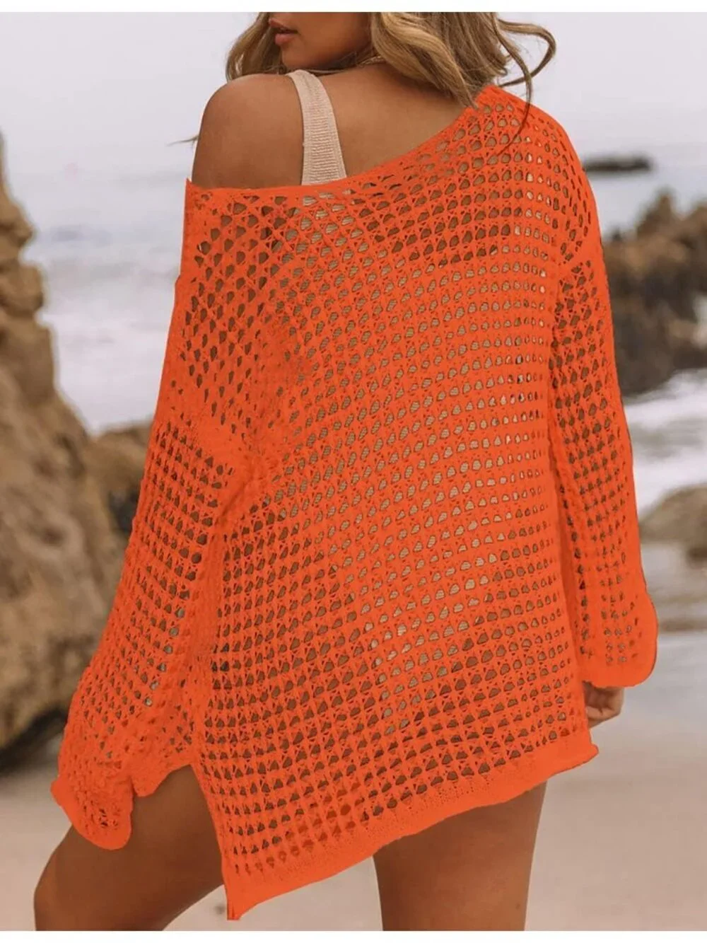 Women's Orange Hollow Out Knit Crochet Imported Polyester Swim Cover Up